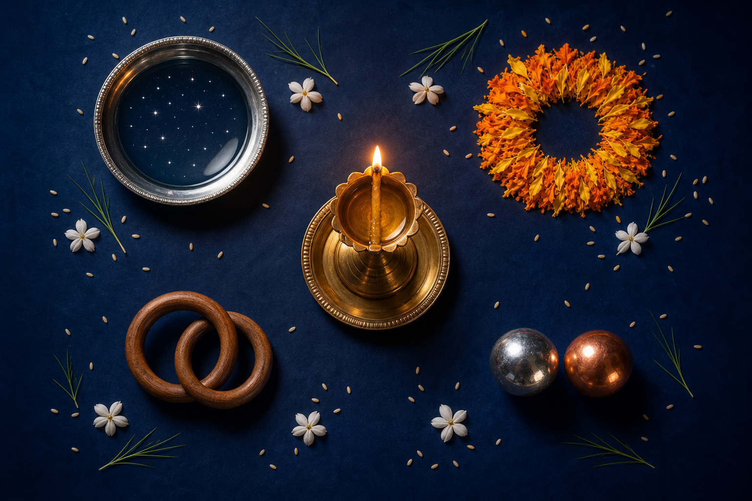 An overhead still life surrounds a brass lamp with reflected stars, a marigold sun shape, interlocking wooden rings, metal spheres, grains, grass, and flowers.