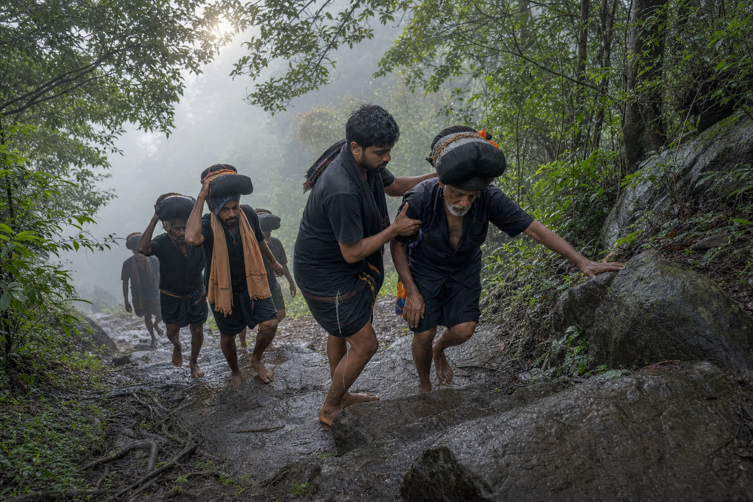 A group of Ayyappa pilgrims carrying irumudi bundles walks through a wet forest as a younger pilgrim helps an older companion over a stone step.