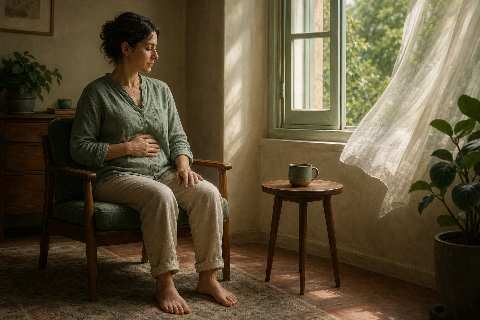 An adult sits in a supportive chair with both feet on the floor, one hand on the lower ribs and their gaze directed toward a ceramic cup on a table.