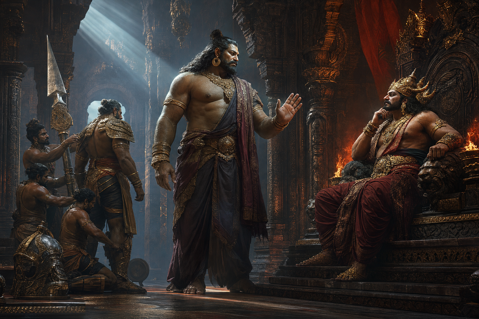 Kumbhakarna counsels Ravana in a torchlit hall while attendants wait beside his armor and weapon, showing his conflict between moral judgment and family loyalty.