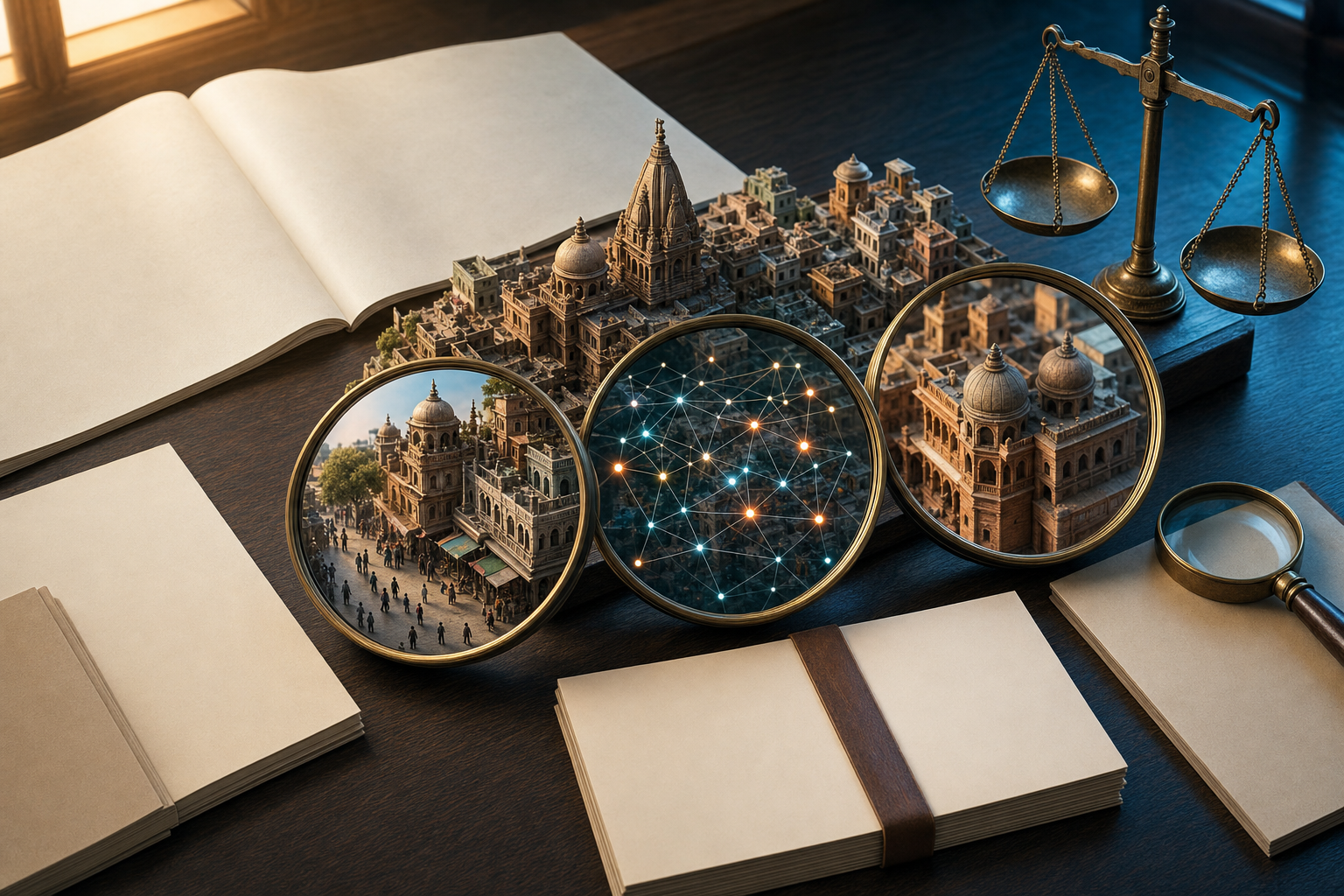 Overlapping lenses reveal different visual layers of a miniature Indian city on a research desk with blank papers and a balance scale.