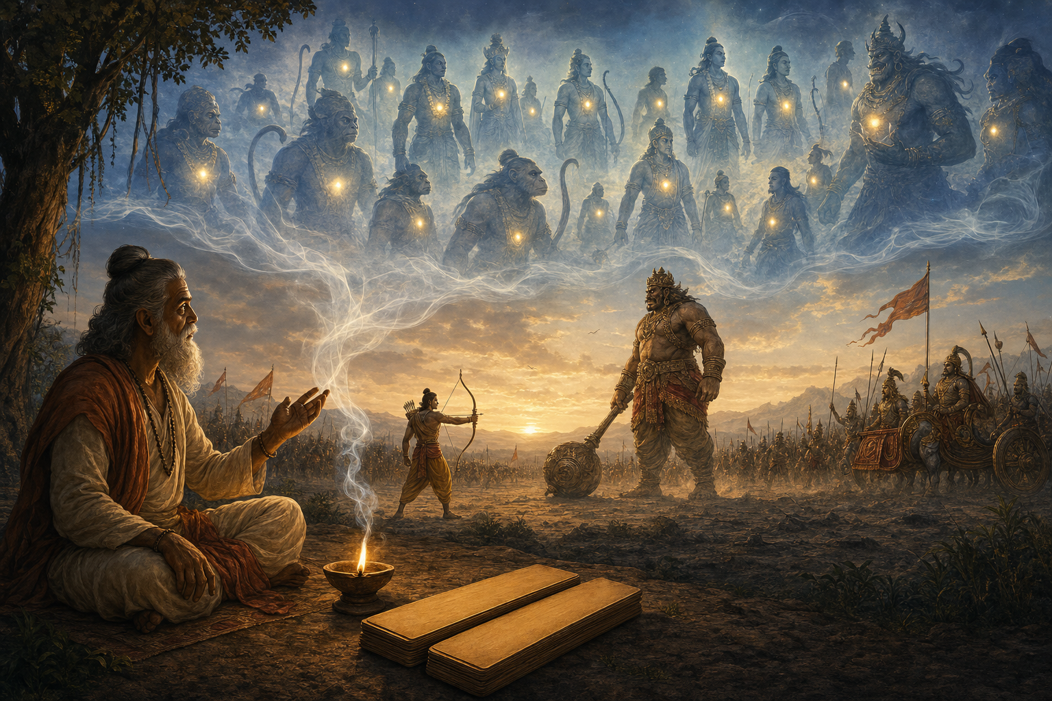 A storyteller sits beside blank palm-leaf folios as a solid battlefield scene appears beyond him and a separate luminous vision of many figures emerges in the mist above.