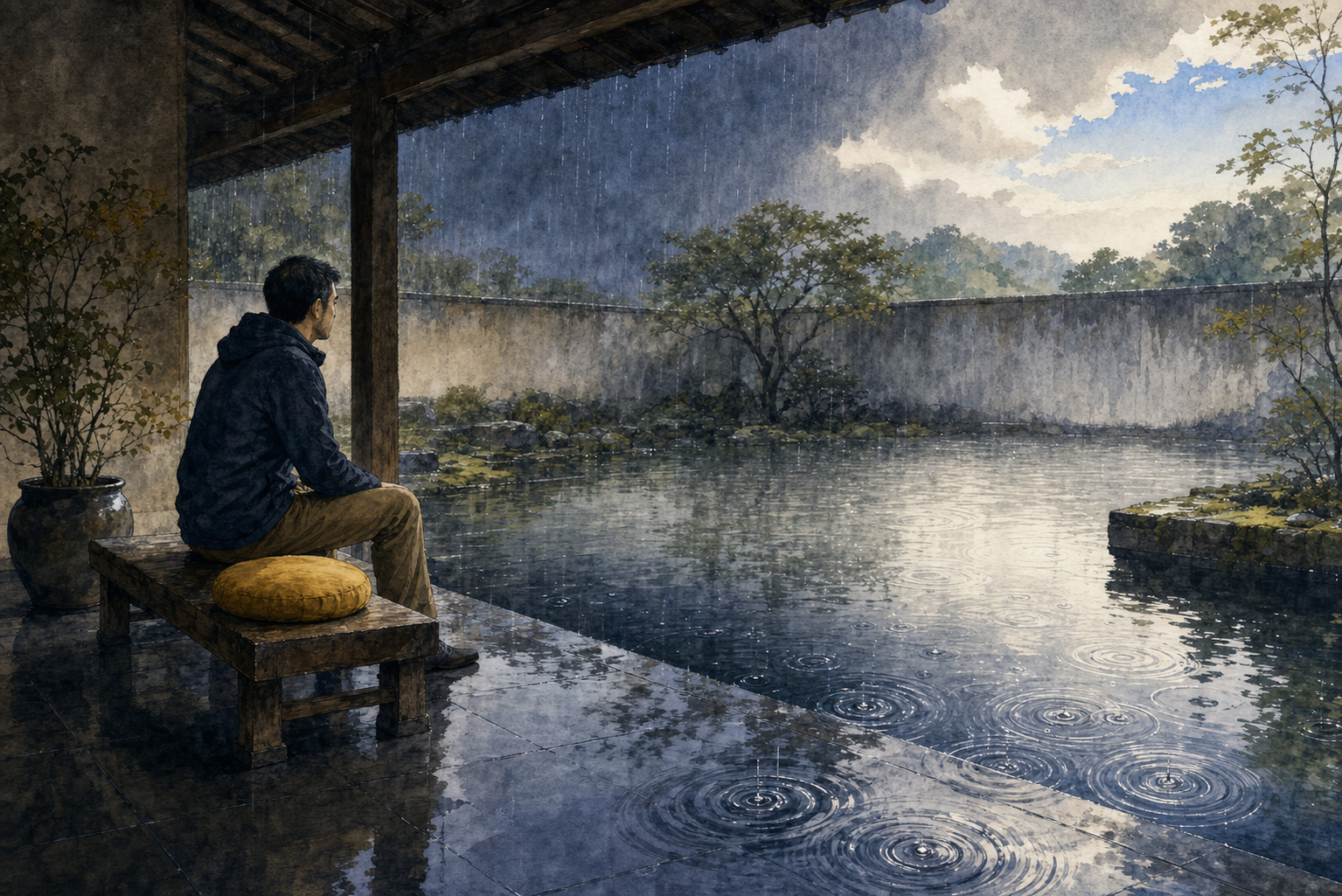 An adult sits under a covered veranda watching rain rings form and fade across a shallow courtyard pool as the sky begins to clear.