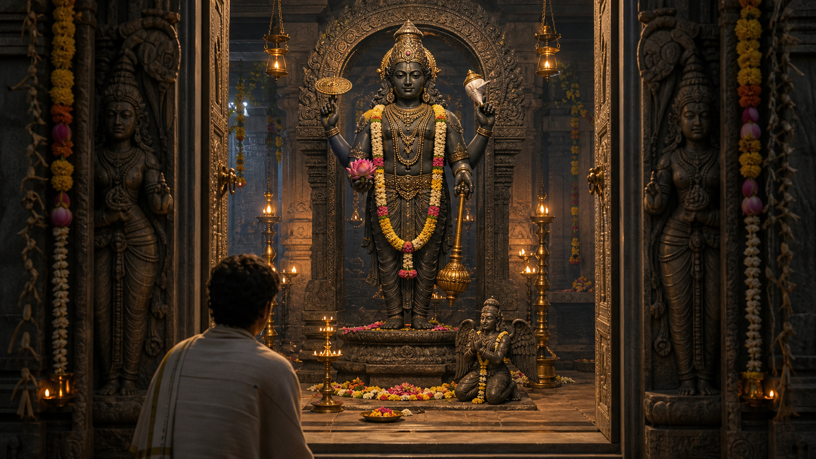 A visitor stands at the threshold of a lamp-lit temple sanctum facing a four-armed Vishnu murti with a conch, discus, mace, lotus, garlands, and a small Garuda figure.