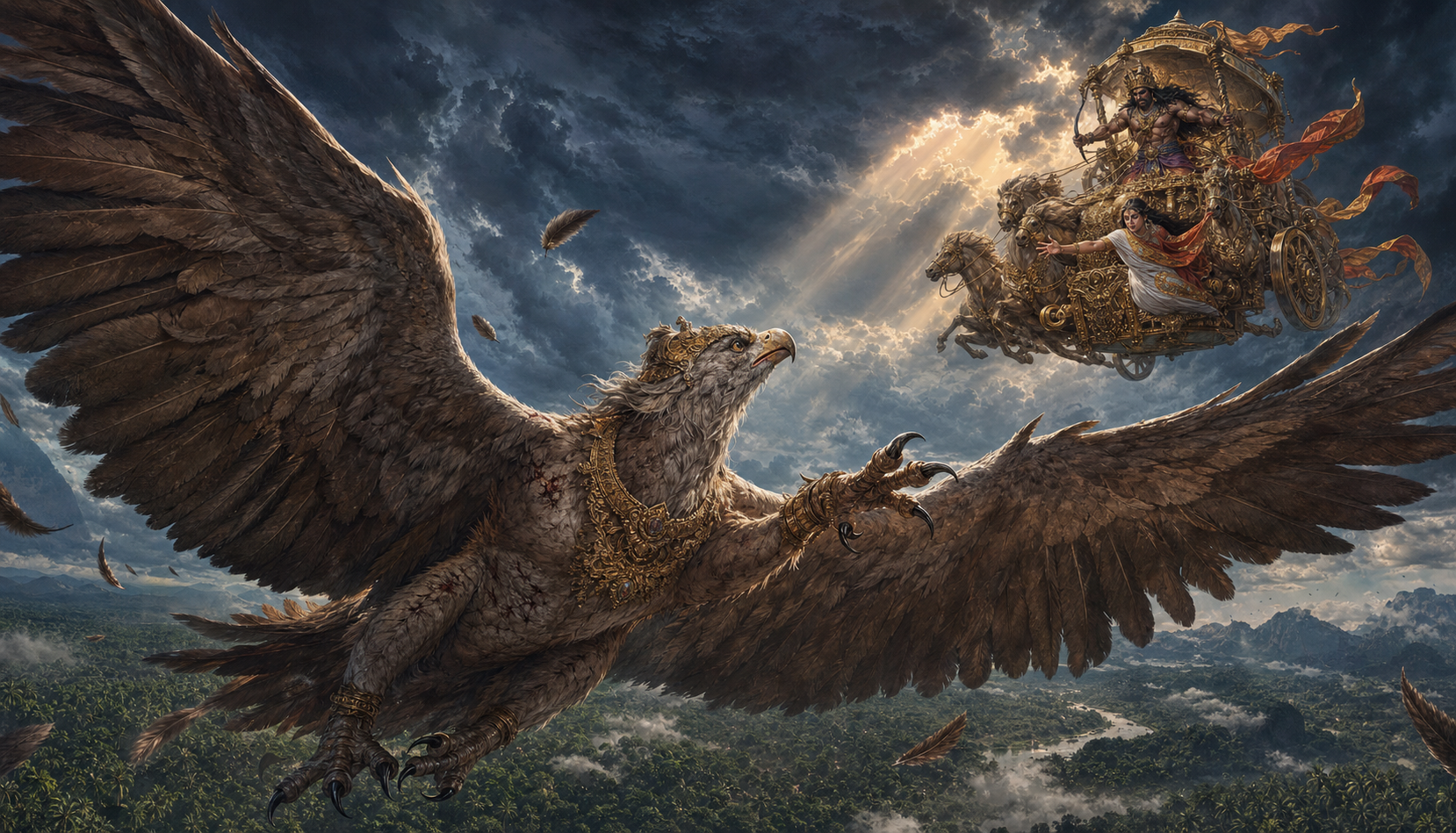 Jatayu spreads his wings in flight to confront Ravana's airborne chariot carrying Sita above a forest.