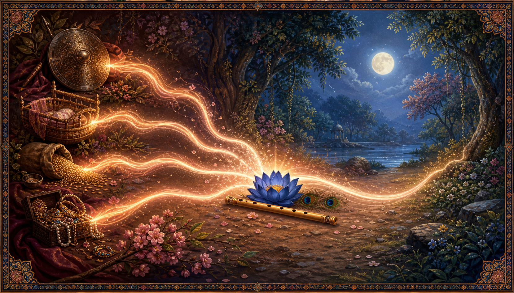 Streams of golden light flow from everyday objects toward a flute and blue lotus in a moonlit grove.