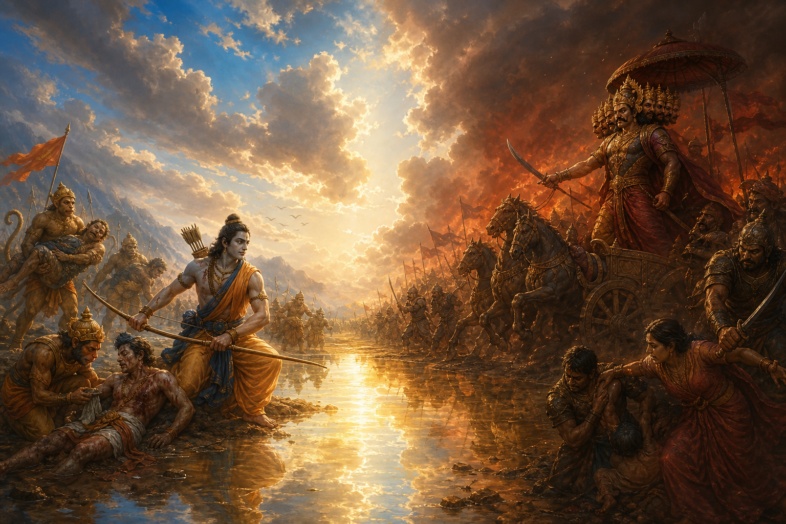 Rama protects a wounded figure while allies offer aid, whereas Ravana advances amid acts of aggression, with the same golden light and open sky extending beneath both sides.