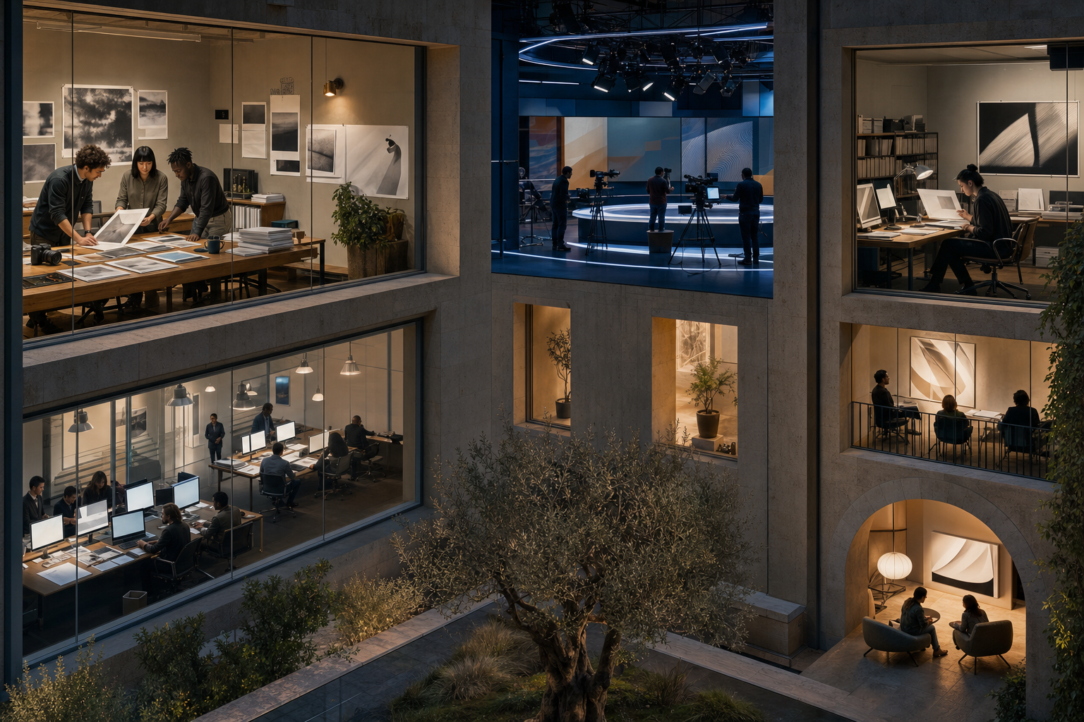 Several visually distinct newsrooms surround a shared courtyard, with fictional journalists working in different settings.