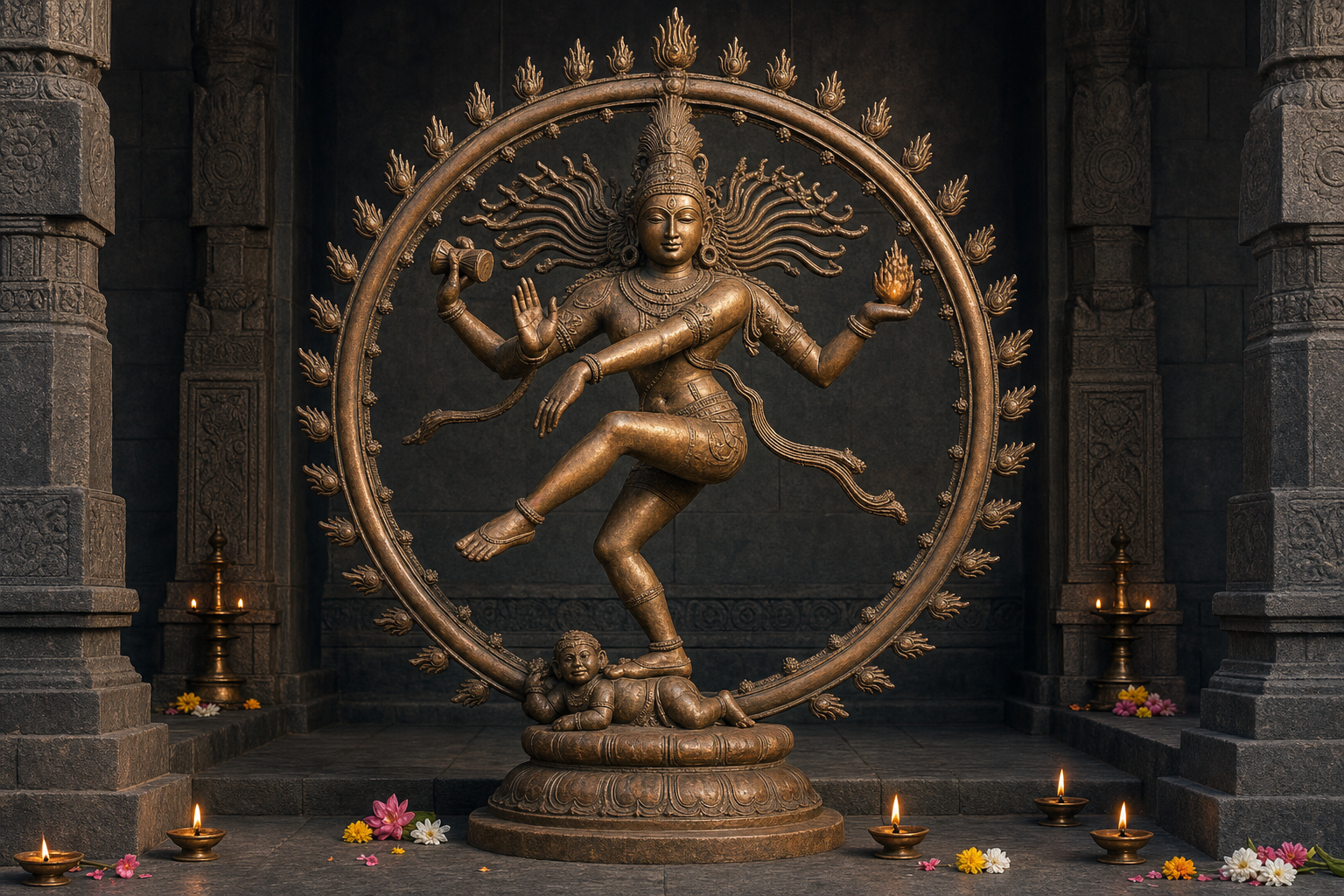 A complete bronze Nataraja murti stands in a stone temple hall, showing Shiva's dancing posture, ring of flames, drum, fire, protective hand, raised foot, and the figure of Apasmara beneath one foot.