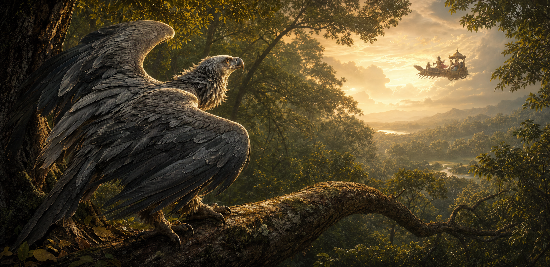 An aged Jatayu opens his wings on a forest branch after seeing a distant airborne chariot carrying Sita.