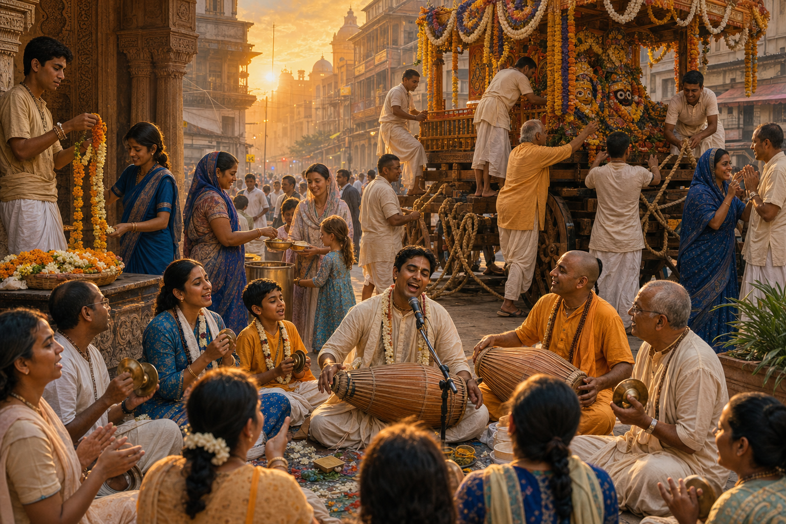 Devotees sing with drums and hand cymbals while volunteers build festival-cart elements, make garlands, serve food, and welcome visitors in a temple courtyard.