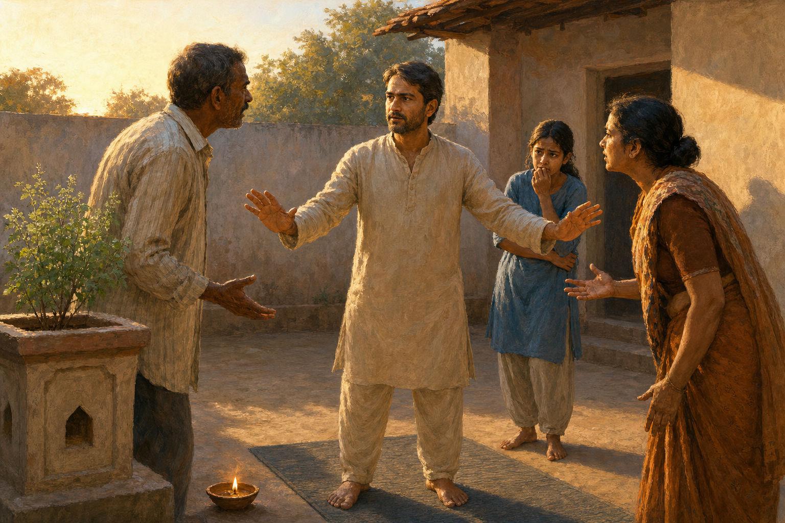 A person in a sunlit courtyard calmly addresses a dispute while shielding a distressed younger person, as the same morning light falls across everyone present.