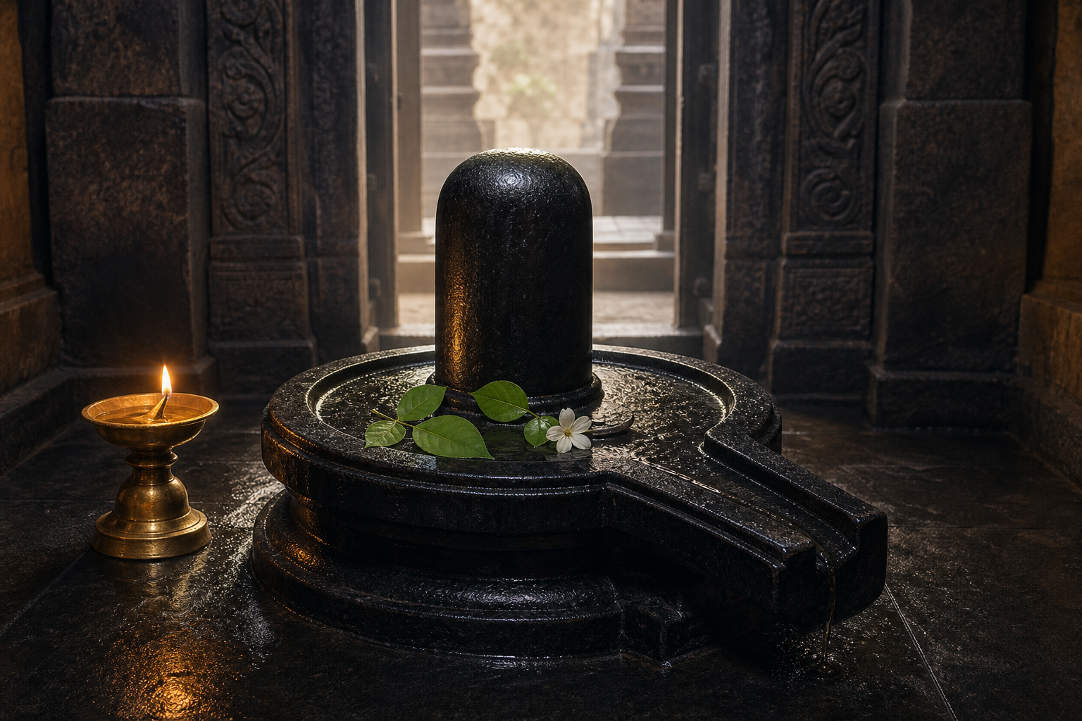 A dark stone Shivalinga rests in a yoni pedestal with a projecting water channel, bilva leaves, a white flower, water droplets, and a brass lamp inside a stone sanctum.