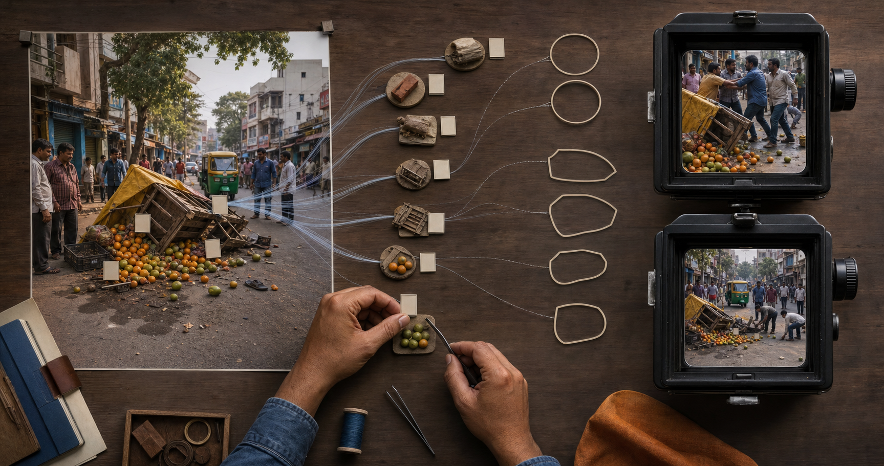 A visual sequence shows a fallen market stall, branching possible causes, and two different camera crops of the wider scene.