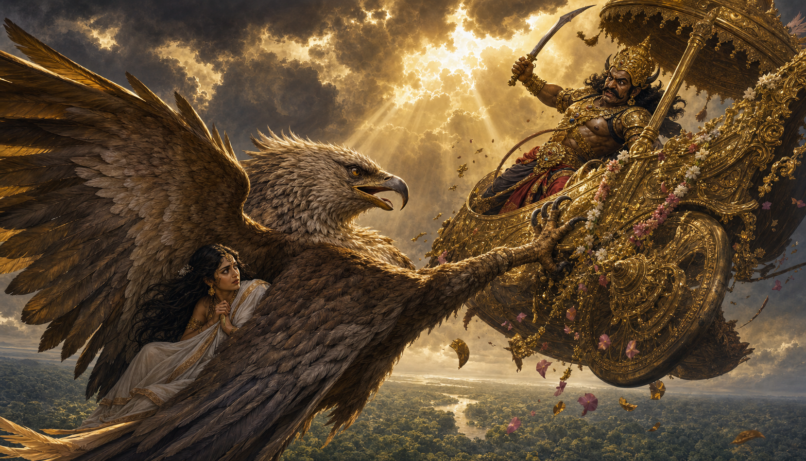 Jatayu strikes Ravana's flying chariot and extends one wing protectively toward Sita during their aerial battle.