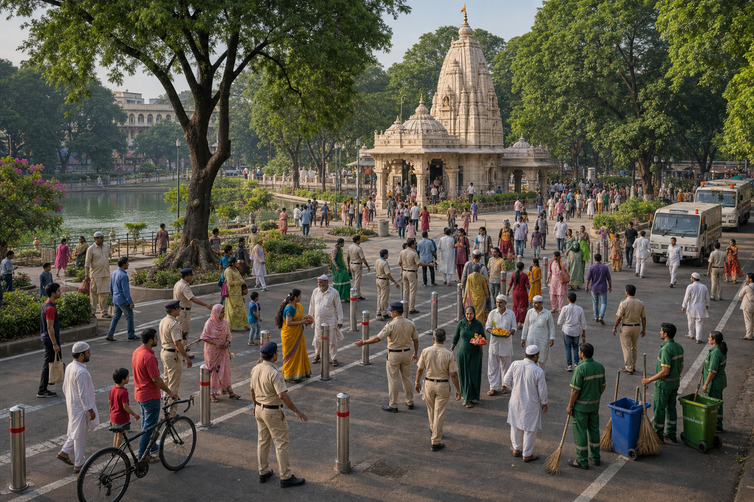 Municipal officers manage pedestrian routes near the temple and gardens at Sarasbaug as Hindu and Muslim visitors, residents and shopkeepers use the area peacefully.