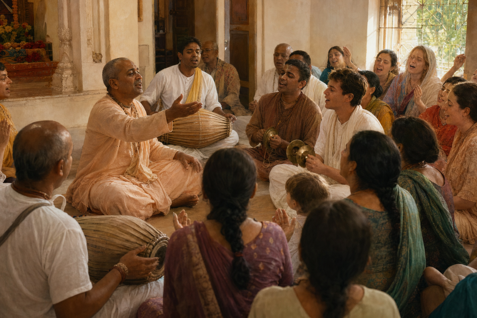 A kirtan leader invites a sung response as devotees of different ages participate with mridanga drums and hand cymbals in a temple hall.