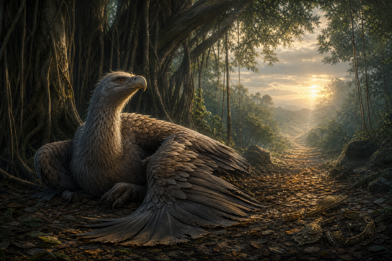 An injured but alert Jatayu rests beneath a banyan tree beside a trail of disturbed leaves and fallen chariot ornaments.