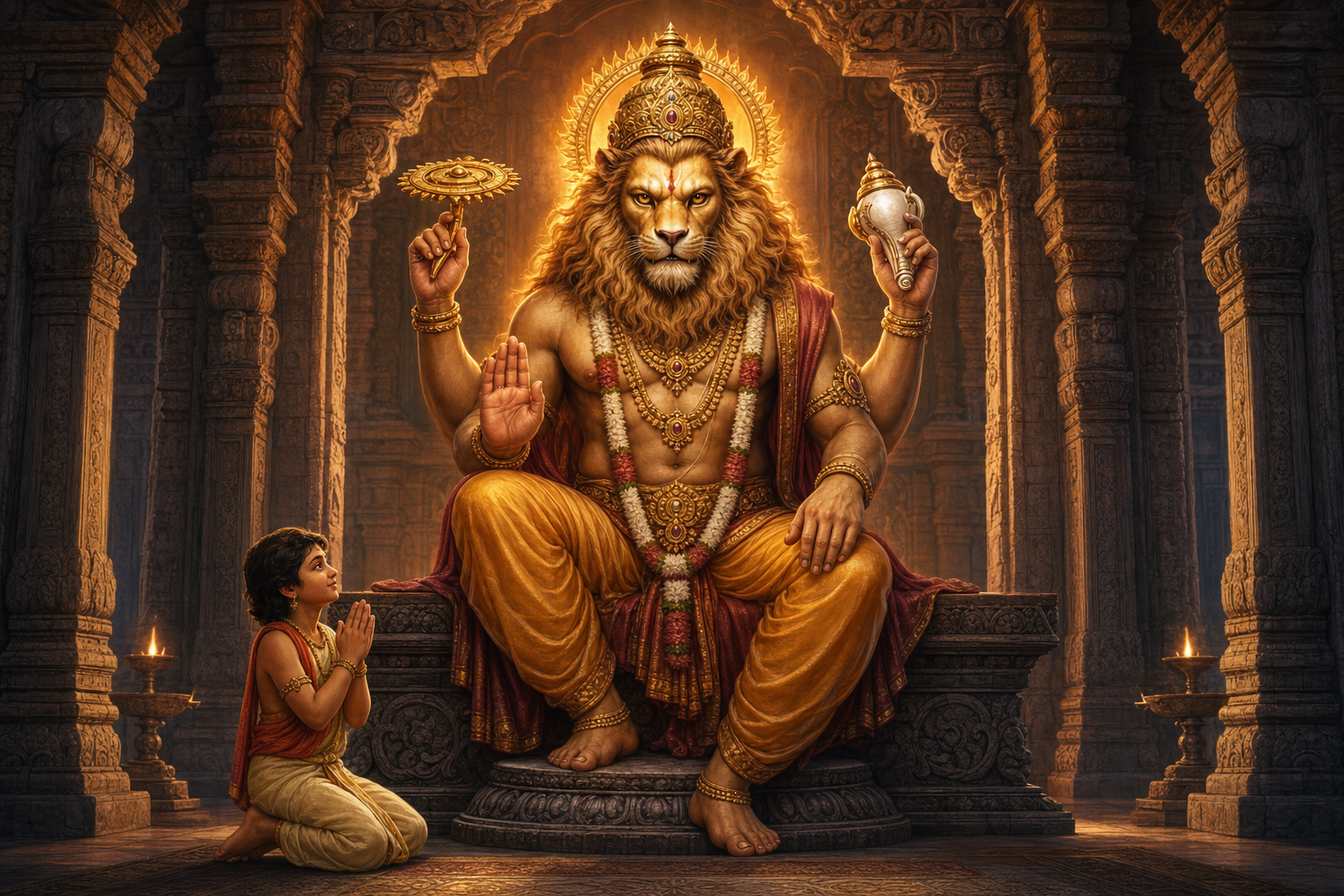 A four-armed Narasimha sits in a stone shrine holding a discus and conch, raising one hand in protection while the young devotee Prahlada kneels beside the pedestal.