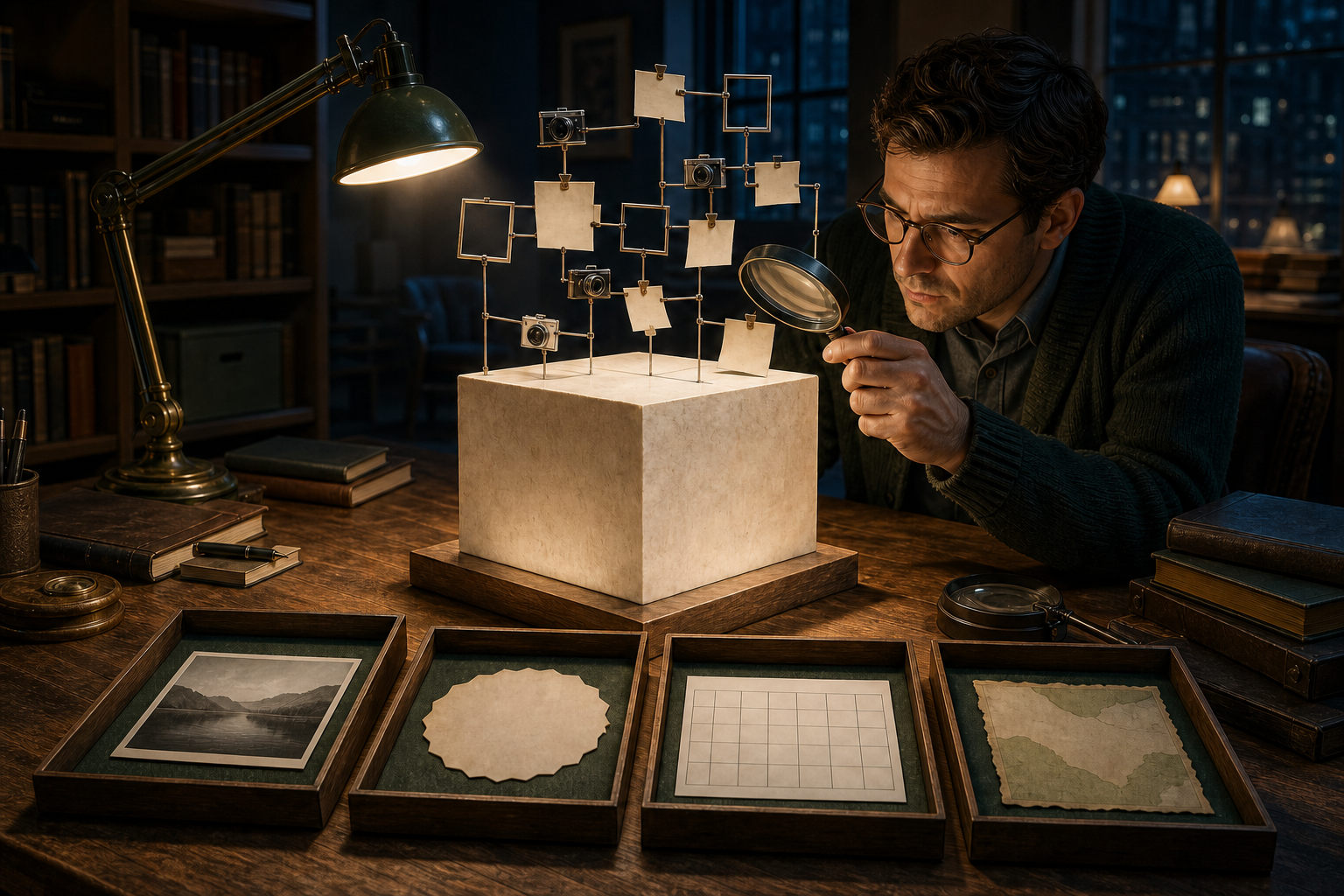 An analyst examines the central block supporting a miniature structure while photographs and other unlabeled evidence are sorted nearby.