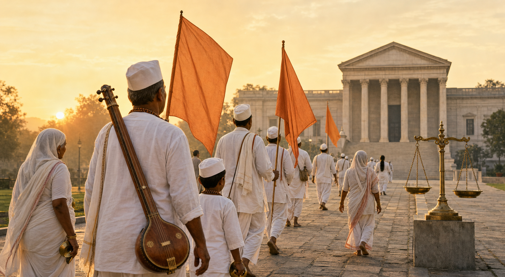 Warkari pilgrims in white clothing carry saffron flags along a dawn path leading toward courthouse steps and a brass balance scale.