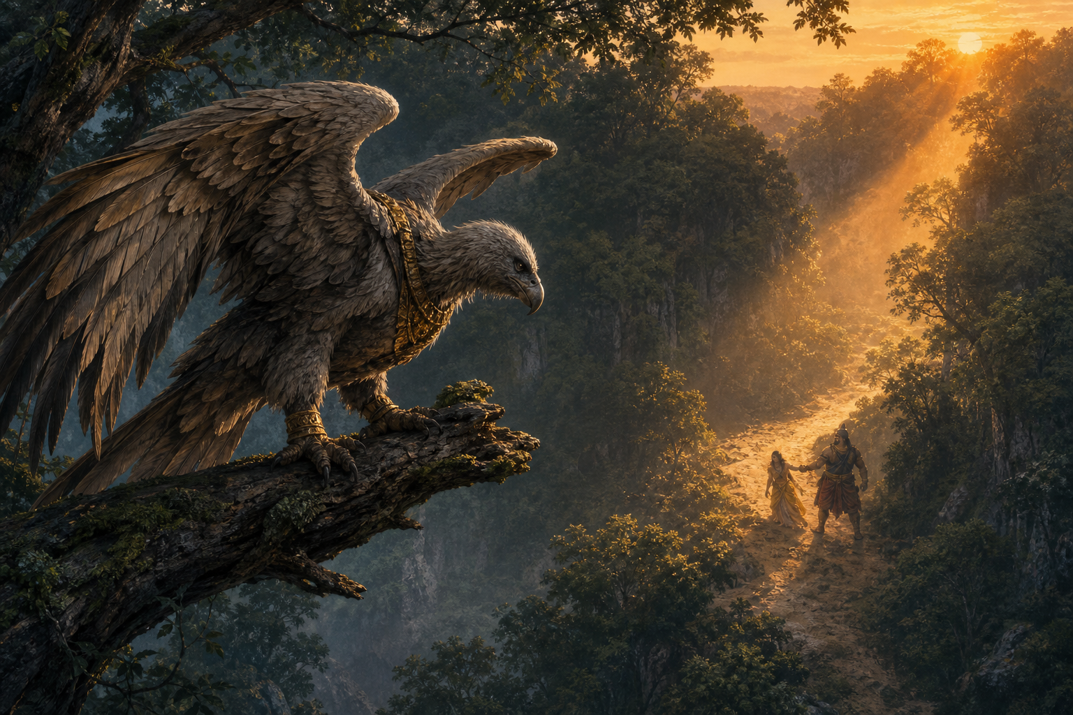 Jatayu prepares to leave a shaded branch and fly across an open gap toward a vulnerable traveler threatened on a forest path.