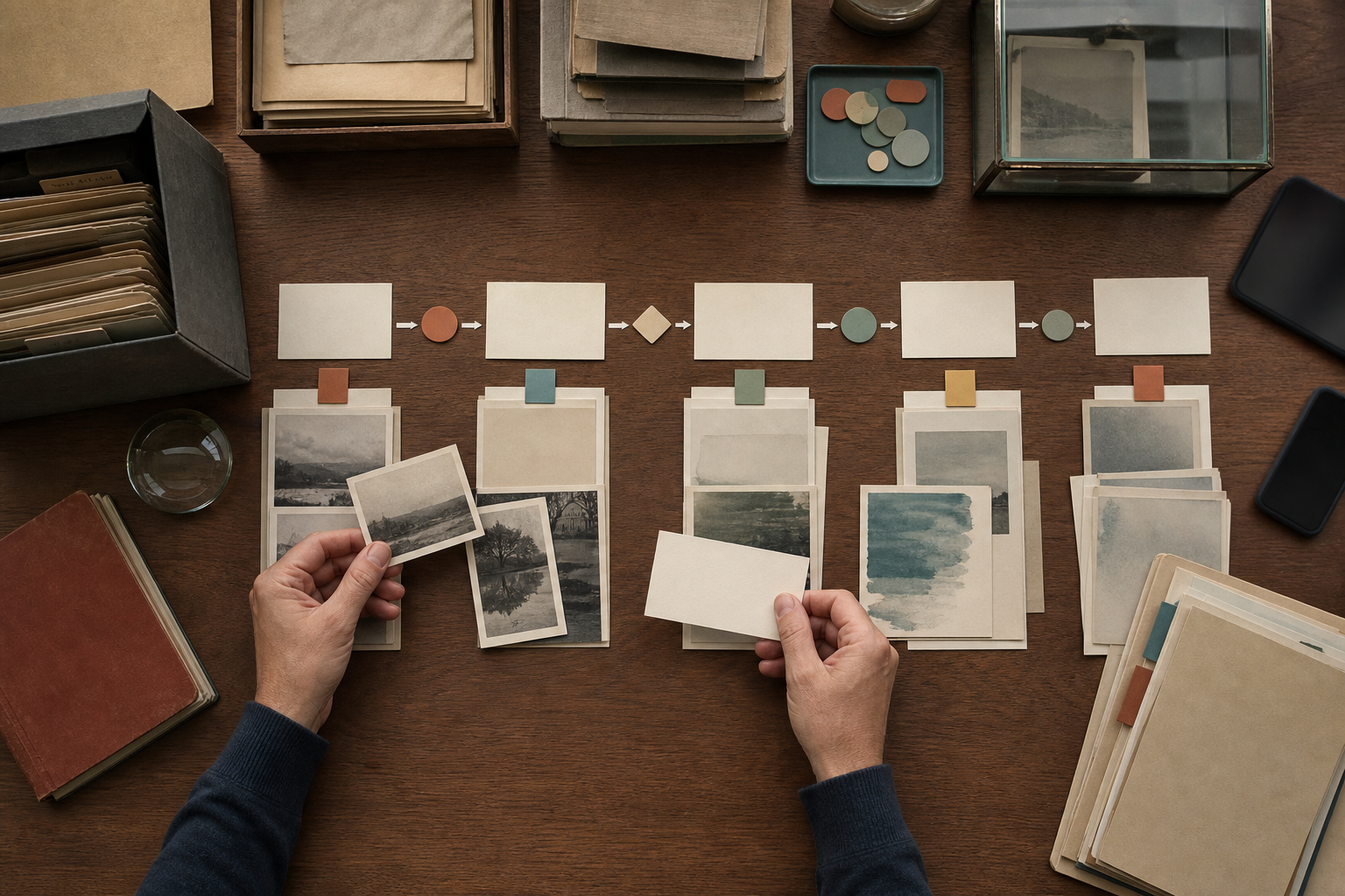 Hands organize unlabeled evidence cards and photographs into a documented sequence while replacing one unsupported fragment.