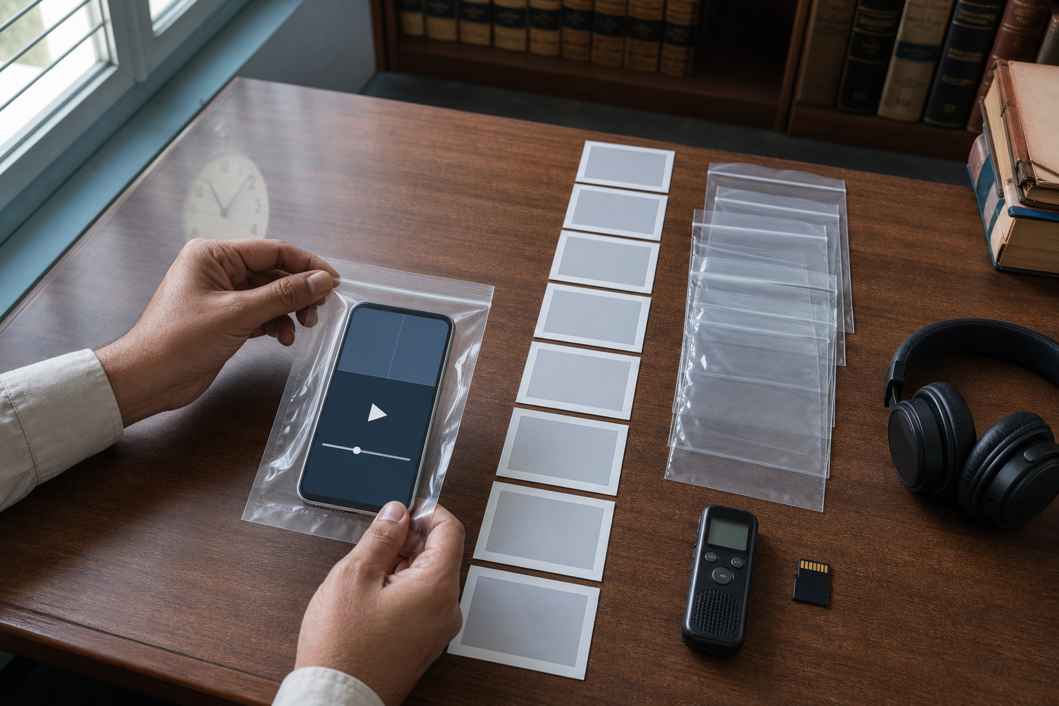 Hands place a smartphone into a clear evidence pouch beside an audio recorder, memory card, headphones, and blank video thumbnails on a desk.