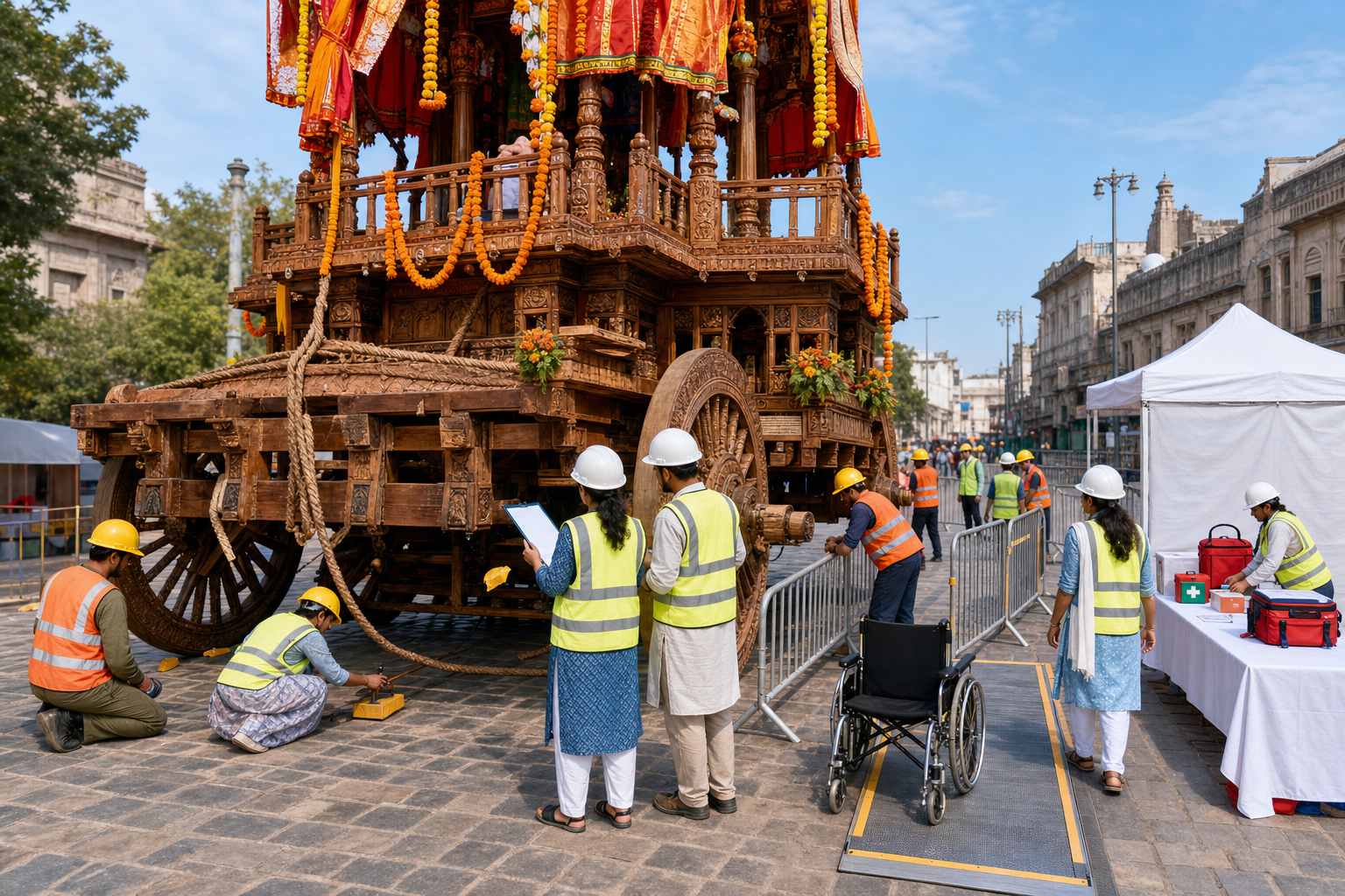 Volunteers wearing simple protective gear inspect a wooden festival cart, test ropes and wheels, arrange barriers, and prepare a first-aid area on a city street.