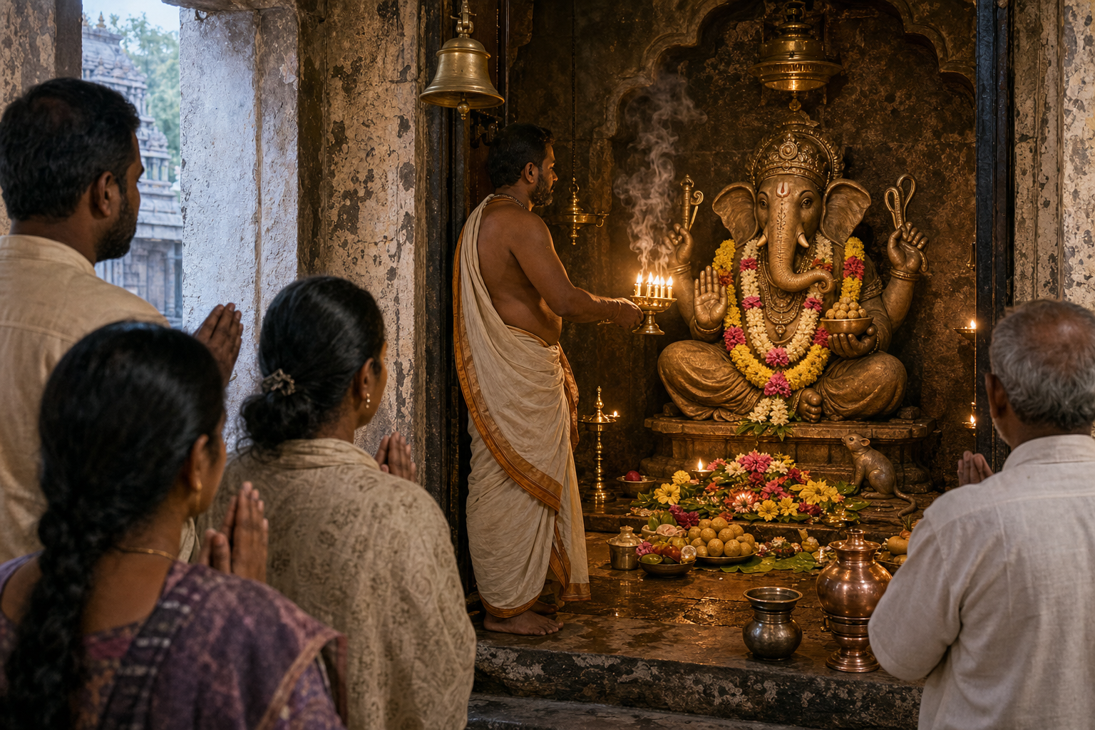 A priest performs arati before a garlanded Ganesha murti as devotees watch from the temple threshold, with flowers, ritual vessels, lamps, and a small mouse figure around the shrine.