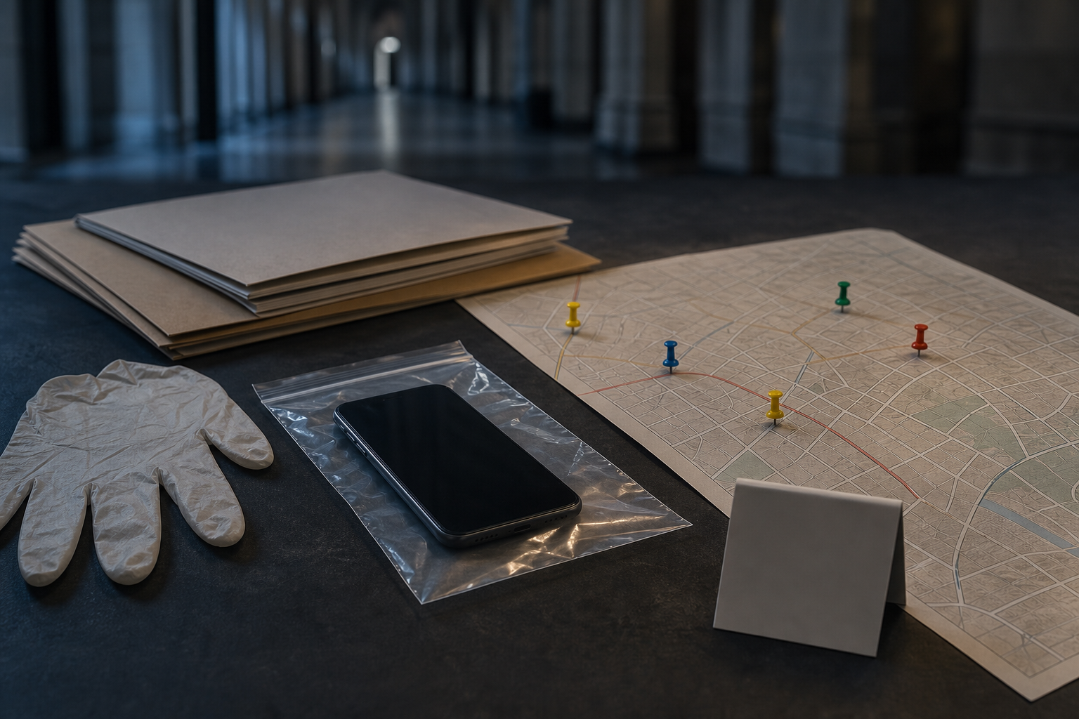 Forensic gloves, a sealed mobile phone, an unmarked map, and closed case files arranged on an evidence table.