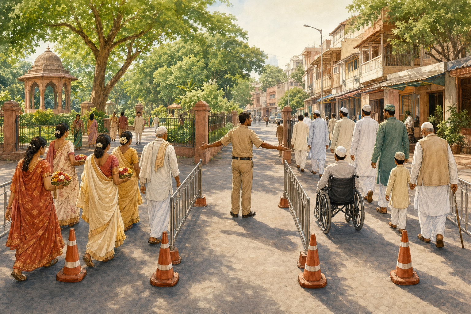 A municipal steward guides temple visitors and Muslim festival-goers through equal, unobstructed pedestrian passages near a leafy Pune junction.