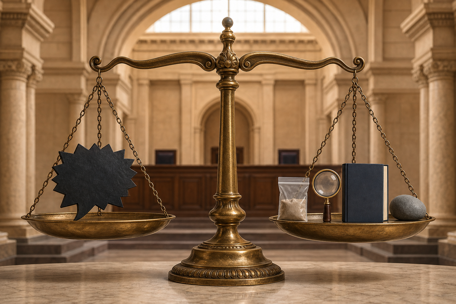 A brass balance scale in a courthouse holds a jagged speech-bubble shape on one side and evidence, a magnifying lens, a blank book, and a stone on the other.