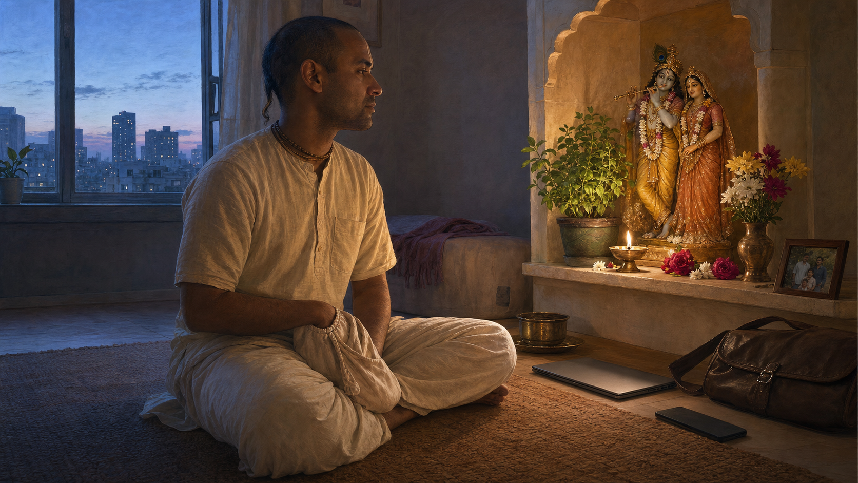 A Gaudiya Vaishnava practitioner chants with a bead bag at dawn beside a home altar, a tulasi plant, a laptop, and a face-down phone.