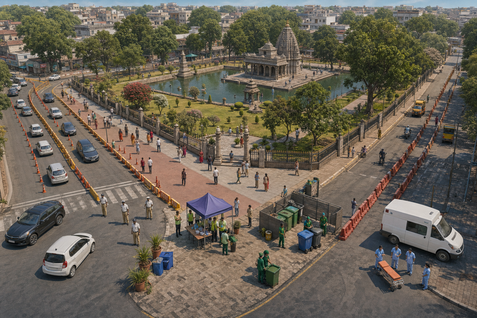 An elevated illustration shows pedestrian lanes, traffic controls, emergency access and municipal service points arranged around Sarasbaug.