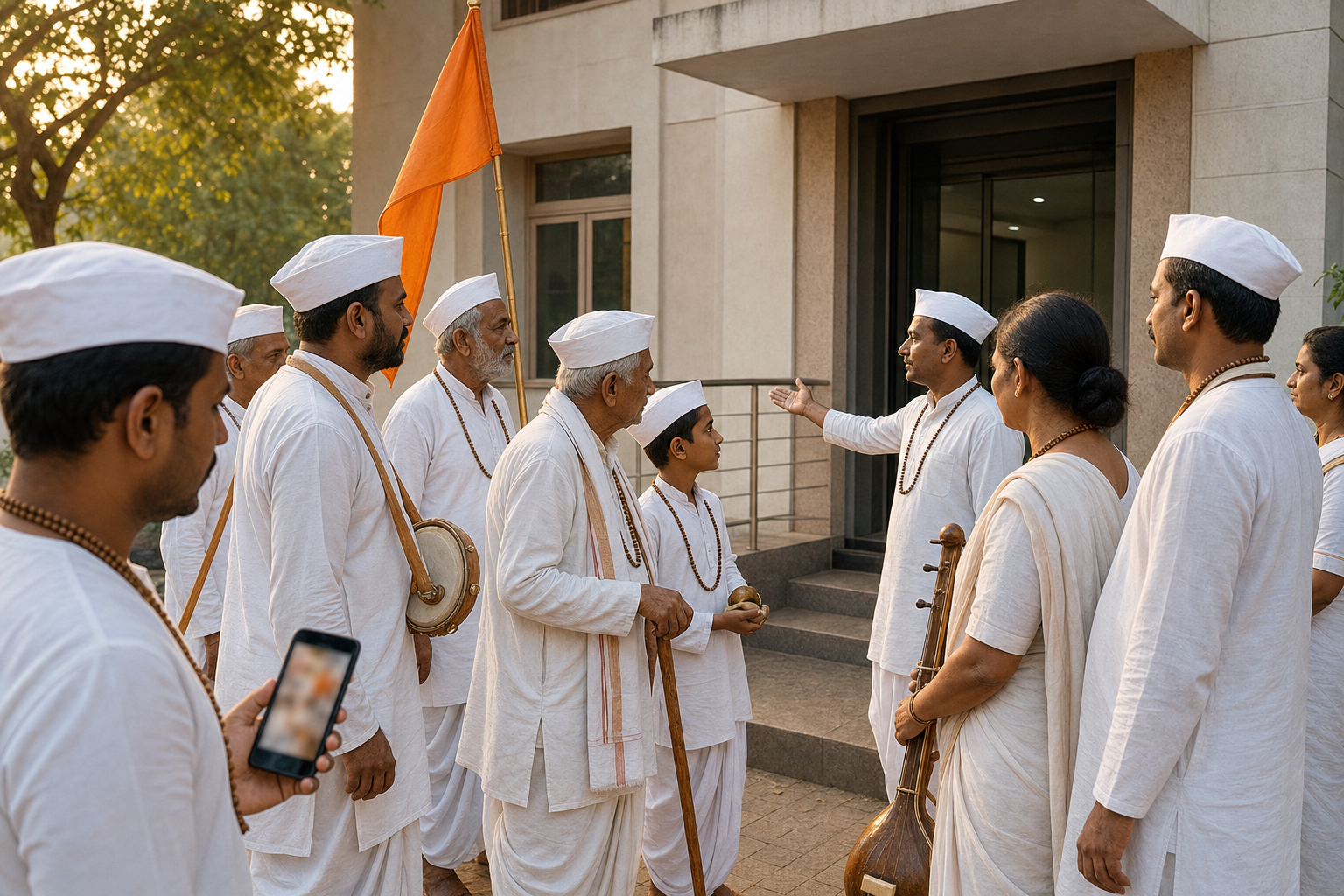 Warkari devotees form a calm protective semicircle as one person lowers a smartphone and another gestures toward a civic building entrance.