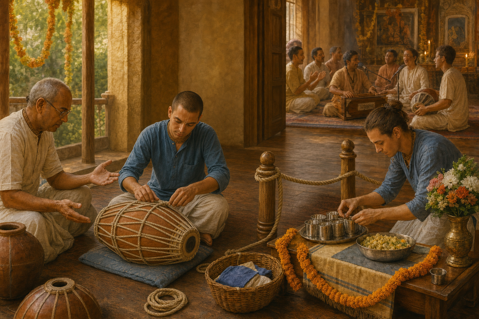 An older devotee teaches younger volunteers to tune a drum, tie a secure rope knot, and prepare a food-service area in a temple workshop.