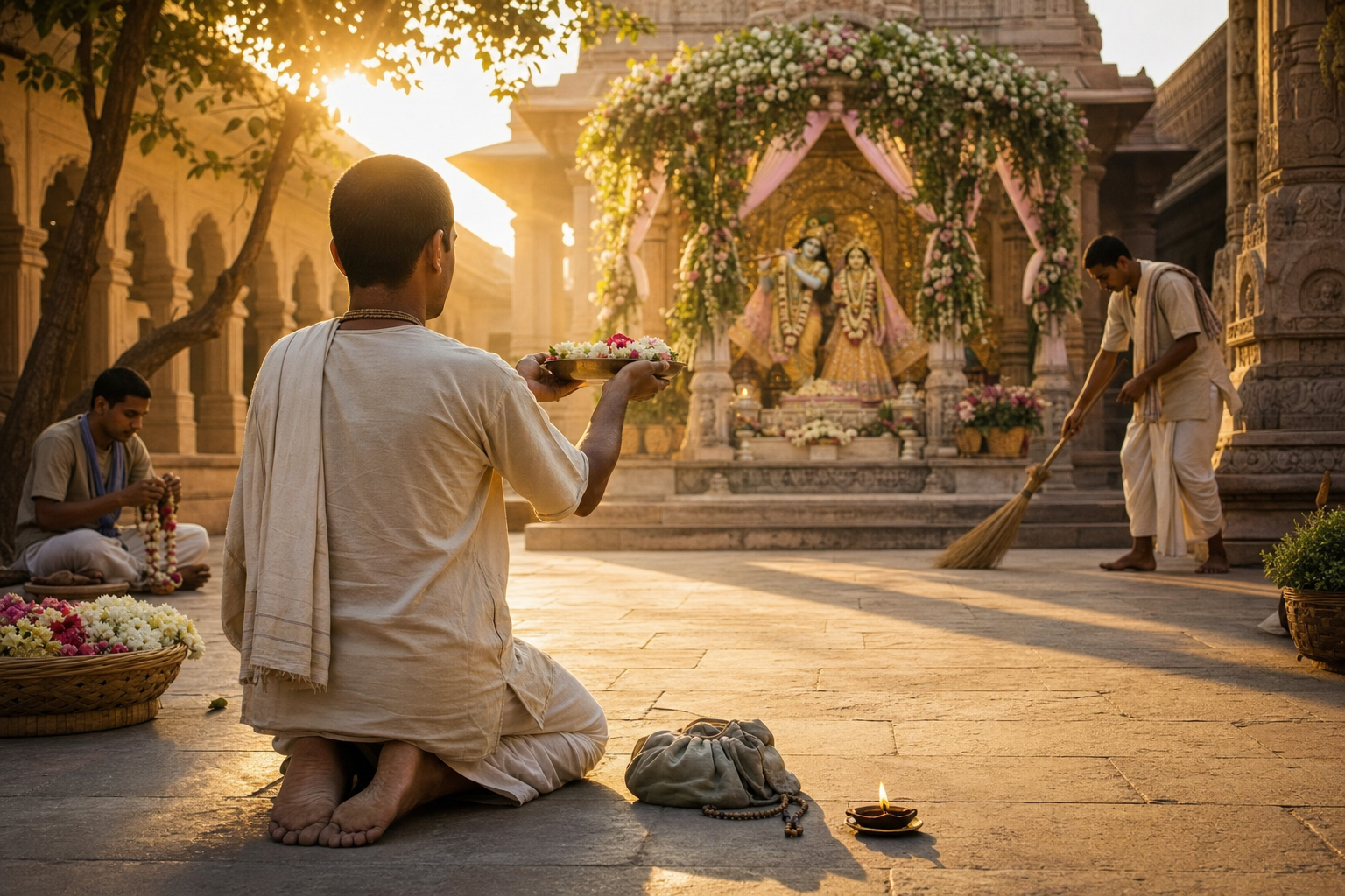 A devotee offers flowers toward a Radha-Krishna altar while other community members make garlands and sweep a sunlit temple courtyard.