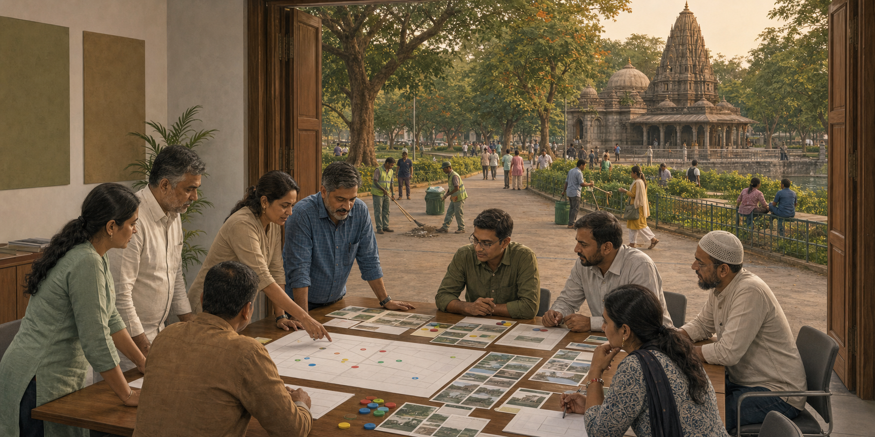 Civic officials and community representatives review blank route diagrams and incident materials while workers restore ordinary use of Sarasbaug outside.