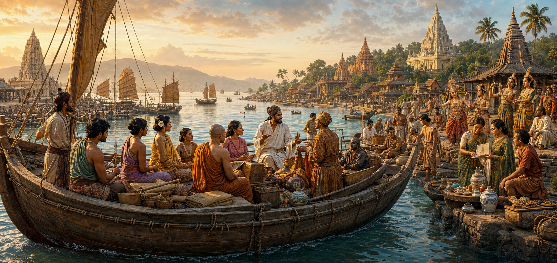 Merchants, monks, artisans and performers exchange goods, manuscripts and cultural practices between connected Asian port communities.