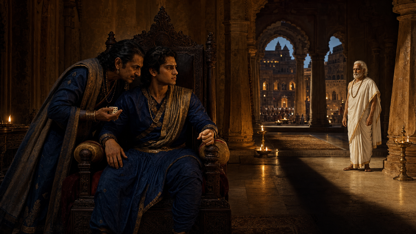 A prince on a carved throne listens to an uncle holding dice while an older minister waits in the light across the royal chamber.