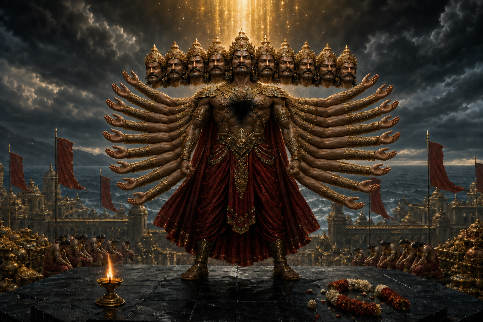 Ten-headed Ravana stands in celestial light above the wealth of Lanka while his armored chest remains in shadow.