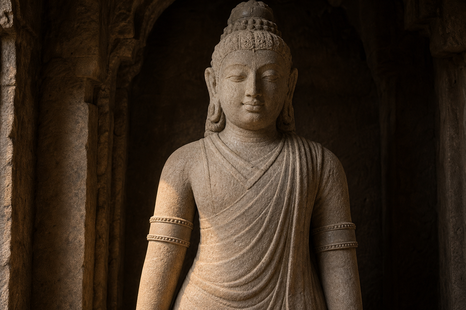 Waist-up stone sculpture of a Hindu deity wearing compact cylindrical armlets just above both elbows in a softly lit temple alcove.