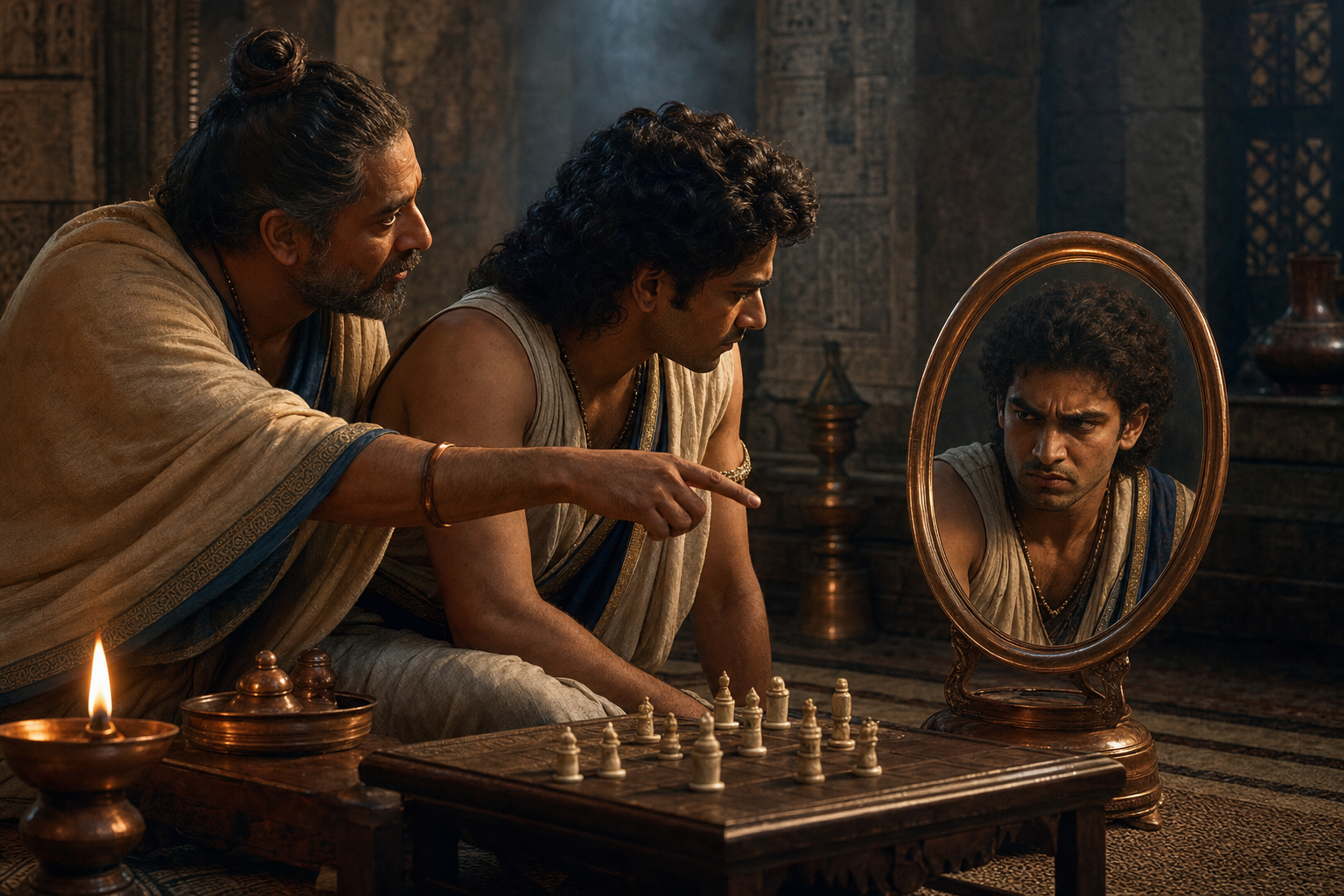 An adviser guides a prince's attention from a strategy game toward a bronze mirror reflecting the prince's angry expression.
