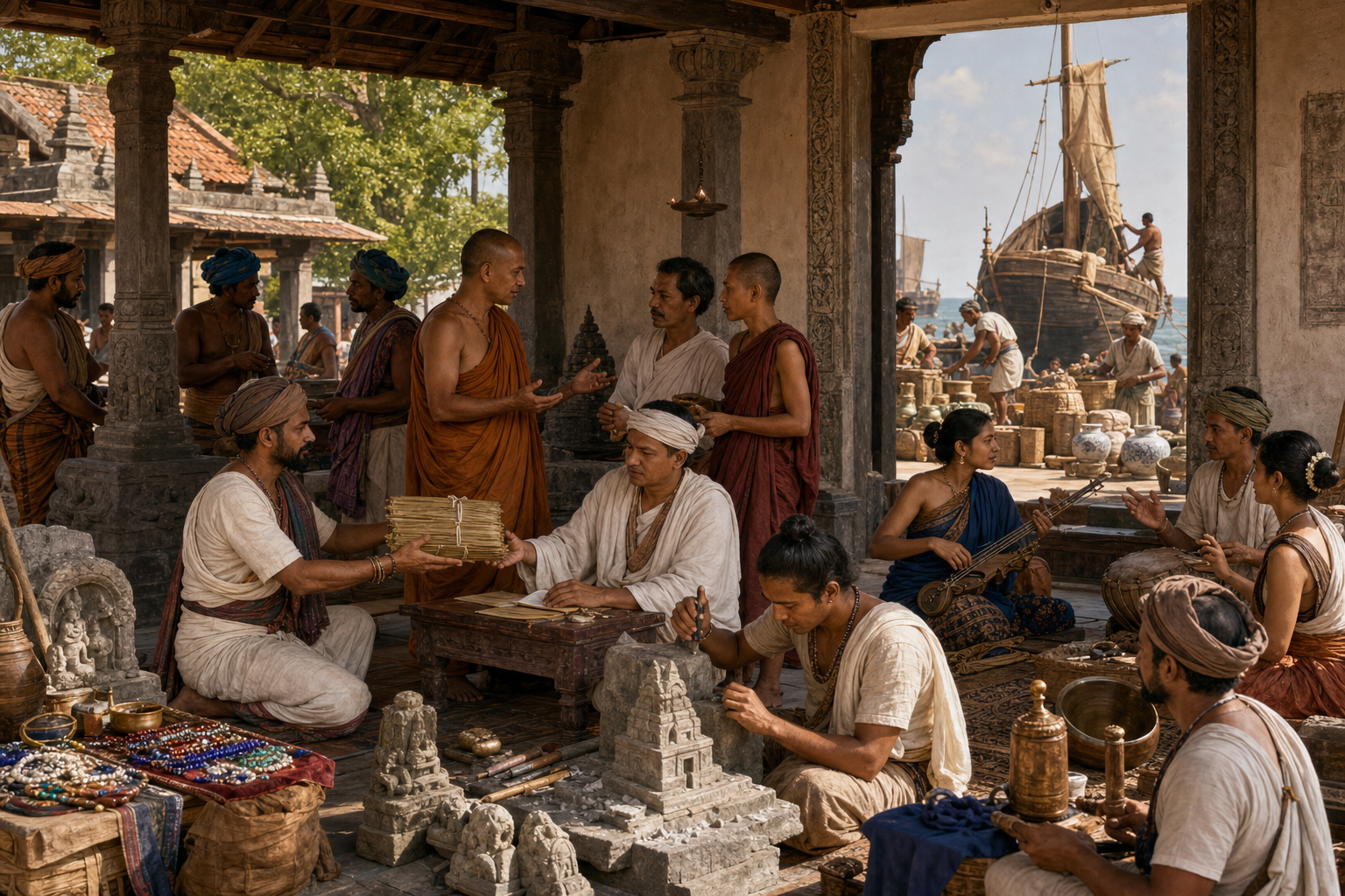 Merchants, monks, scholars, artisans and performers interact in the courtyard of a premodern Asian port and learning centre.