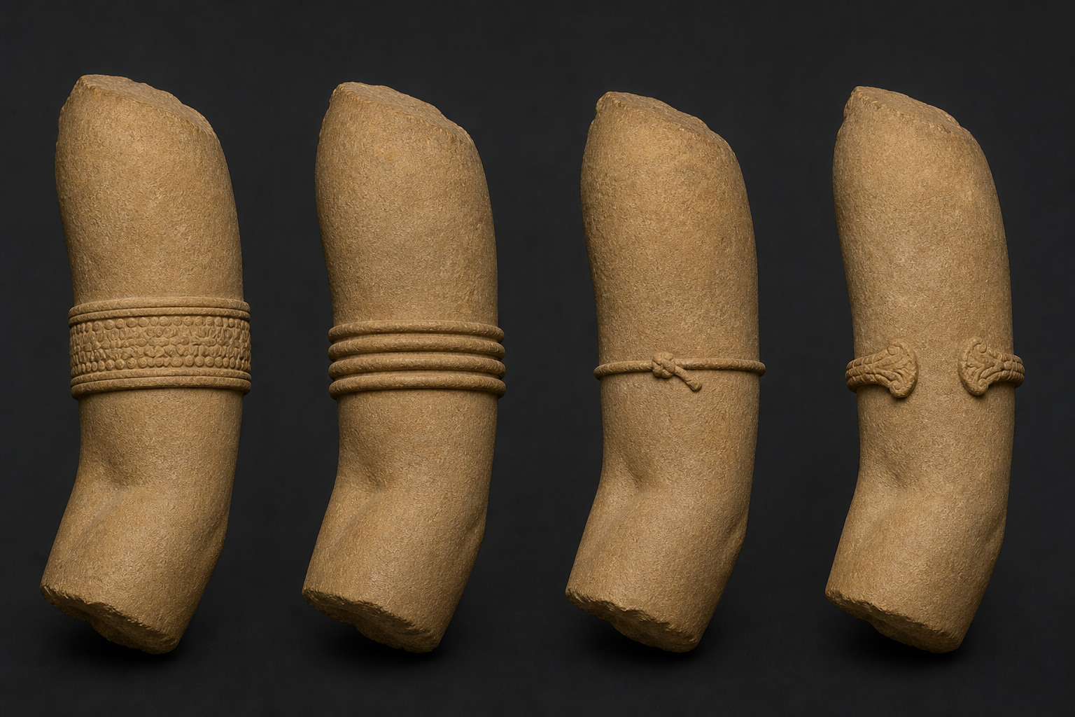 Four sandstone upper-arm studies compare a closed cylindrical cuff, stacked rings, a tied band, and an open-ended ornamental armlet.