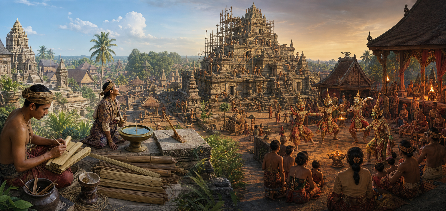 A temple-city panorama shows a scribe, a calendar observer, builders constructing a terraced sanctuary and masked performers staging an epic.