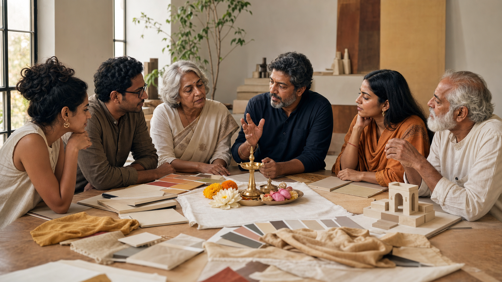 Hindu cultural advisers and creative collaborators review visual references and carefully arranged ritual objects around a studio table.