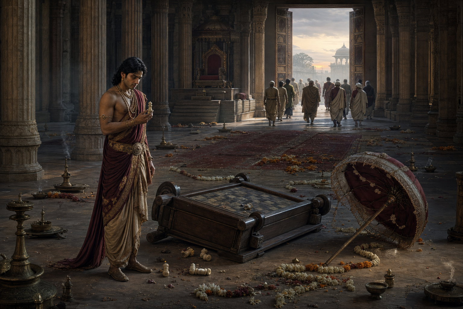 A solitary prince holds a captured game piece in an emptied royal hall as elders and citizens depart through the open doors.