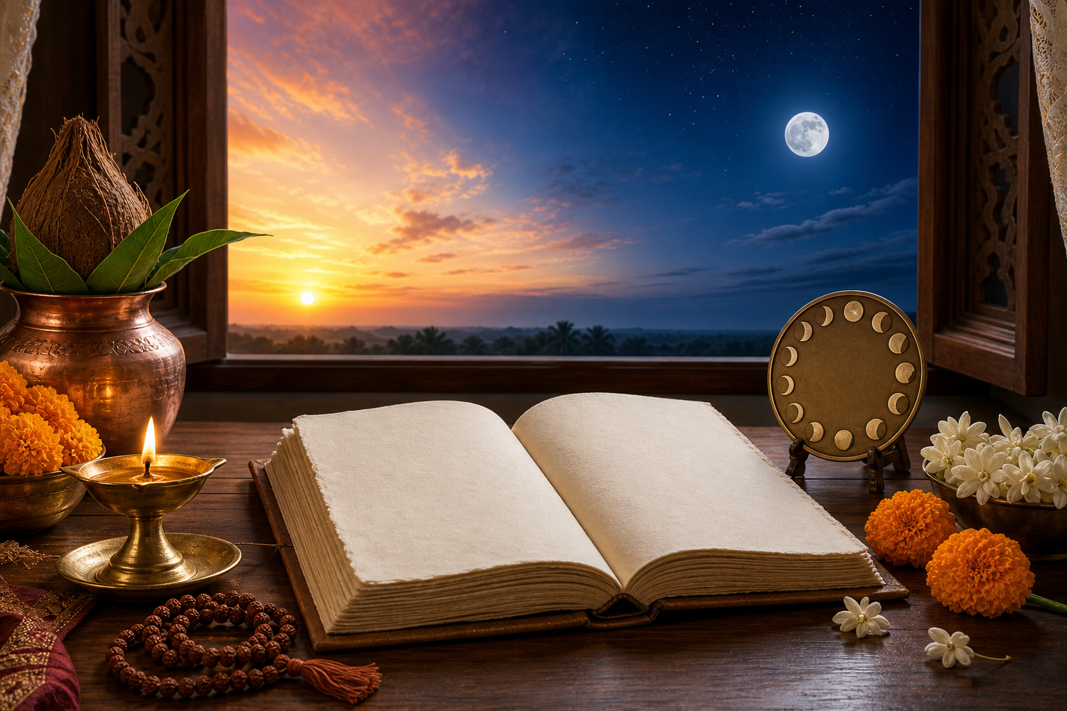 A blank open almanac beside a brass diya, copper vessel, prayer beads, and flowers, with sunrise and moonlight visible through a window.